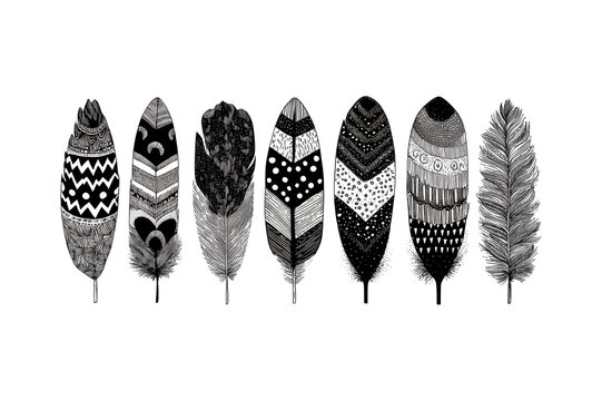 Collection of seven black and white decorative feathers with intricate patterns.
