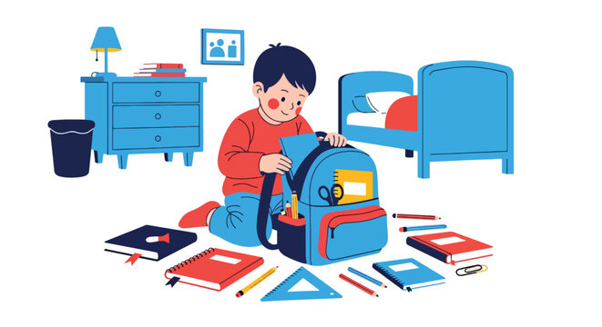 Flat style vector illustration of children organizing school supplies and backpacks, preparing for study and back to school season with education readiness concept