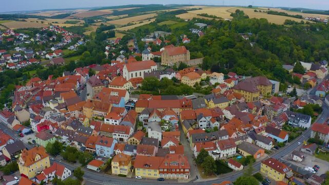 Aerial view of the old town of the city Arnstein in Germany, Bavaria on a late spring afternoon