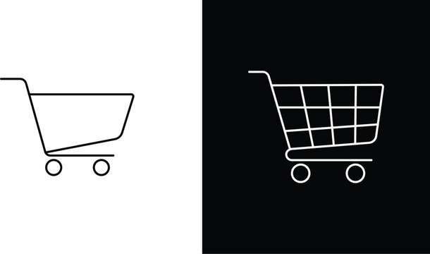 Shopping cart icon for ecommerce retail apps, Minimalist line art grocery trolley vector graphics, Simple commerce shop basket design elements. Editable stroke.