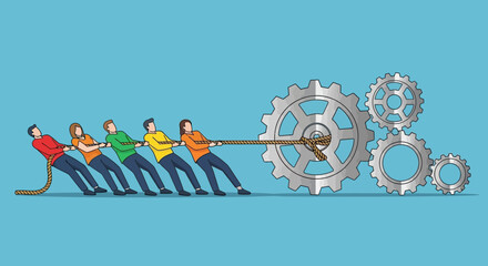 Fototapeta premium Team Effort Pulling Together Gears for Success Business Growth Initiative