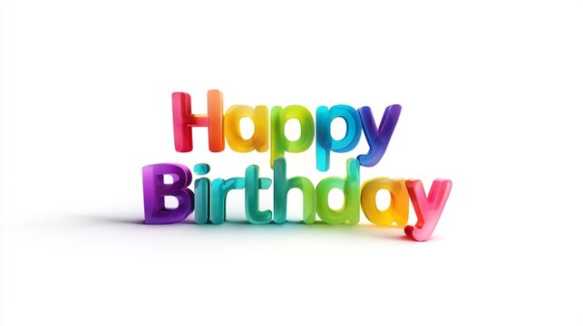Bunter 3D-Schriftzug Happy Birthday auf wei&szlig;em Hintergrund mit leuchtenden Regenbogenfarben.
