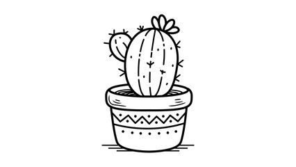 Hand-drawn minimalist black line vector icon of a small cactus in a decorative pot with a blooming flower, isolated on white background. Clean scalable outline illustration for botanical design. © CHAMPA