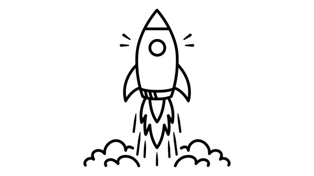 Minimalist black line vector icon of a rocket launch on a white background, hand-drawn doodle illustration representing startup success, space exploration, speed, and business growth concepts