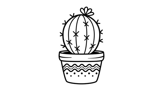 Minimalist black line vector illustration of a small cactus with a flower in a decorative pot. Hand-drawn outline icon on a white background, perfect for botanical designs, gardening, and nature.