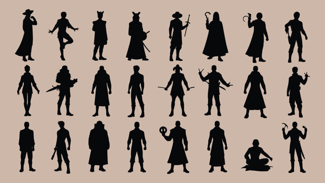 Silhouette collection of various fantasy characters and figures in dynamic poses