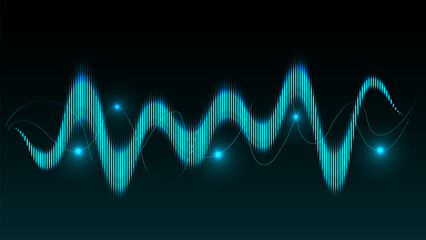 Fototapeta premium Abstract blue sound wave with glowing dots on dark background, representing digital audio technology