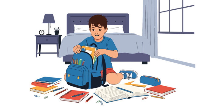 Flat style vector illustration of children organizing school supplies and backpacks, preparing for study and back to school season with education readiness concept
