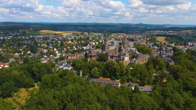 Aerial view of the old town and castle of the city Braunfels in Germany, hesse on a sunny spring day.