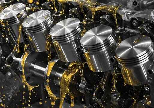 Engine pistons with flowing motor oil inside automotive internal combustion mechanism high resolution photo