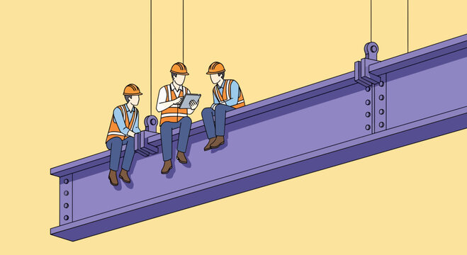 Construction workers from the labor workforce take a break on a steel girder beam