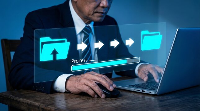 Digital data transfer process, a businessman managing file upload and download, secure cloud computing and network operations, efficient data management and digital transformation.