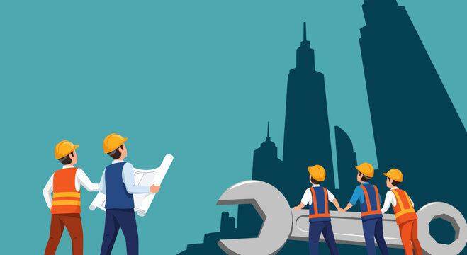 A construction worker leads the workforce labor on a city construction site with a large wrench and plans.