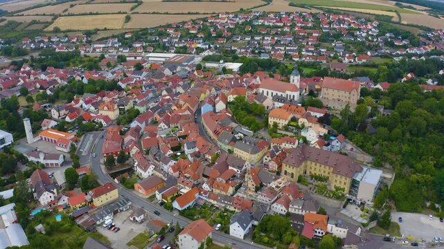 Aerial view of the old town of the city Arnstein in Germany, Bavaria on a late spring afternoon