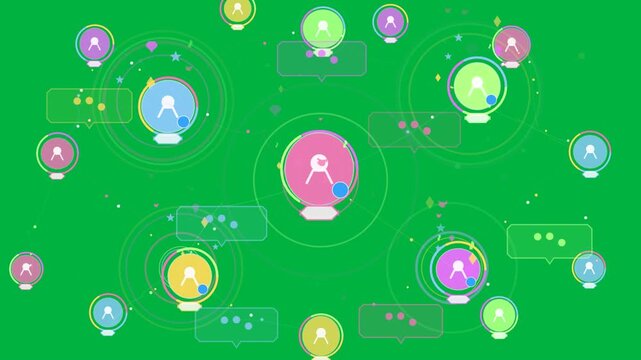 Central pink node pulsing on transparent canvas, energizing tech network, drawing speech bubbles