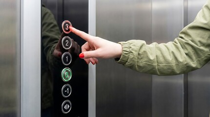 Obraz premium Woman's hand pressing elevator button, a close-up of a finger selecting the third floor in a modern metallic lift, urban transportation and accessibility concept