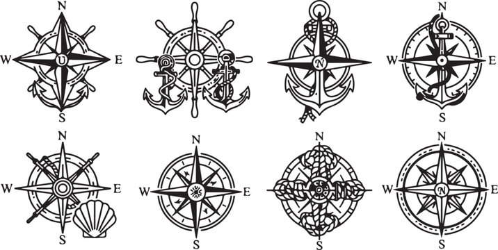 Illustrative diagrams of compass rose patterns and geometric designs Vector