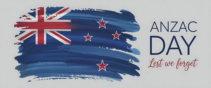 Anzac day graphic with new zealand flag and lest we forget text on gray background