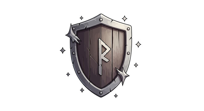 A shield with a silver rune on wood.