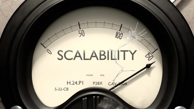 Scalability meter showing big levels of scalability. Dangerously increasing high values of scalability, critical overload. Too much, off the charts. Max scalability
