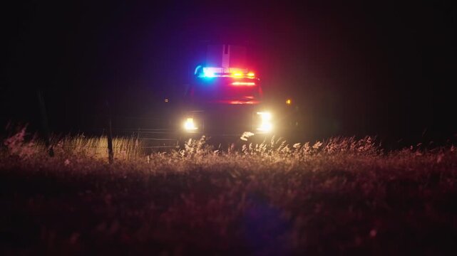 Emergency police car lights approaching in dark night atmosphere with bright headlights and flashing signals creating tense cinematic law enforcement scene