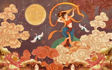 New Chinese style classical cloud and crane flying in the sky, Dunhuang mural background wall © 袁峰 许
