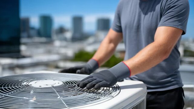 Medium view of technician&rsquo;s gloved hands checking the fan blade clearance inside a commercial AC condenser, metallic fan reflecting daylight, detailed focus on the protective mesh