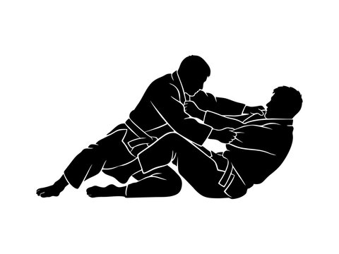 Martial Arts Fighters Silhouette Grappling in Jiu Jitsu or Judo Competition