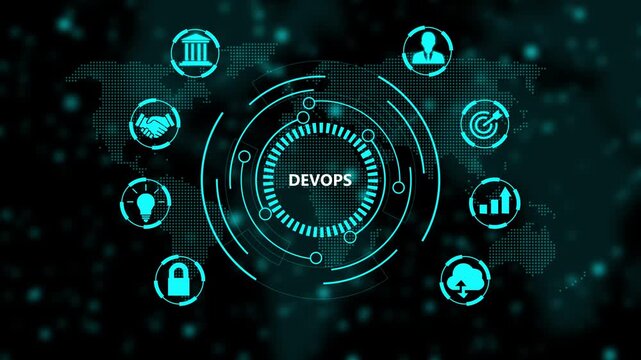 Dev ops software development lifecycle concept with digital interface featuring glowing cyan for cloud computing network security business