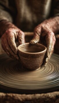 Vertical scene of seated potter hands pinching rim of earthenware cup on wheel with clay slip
