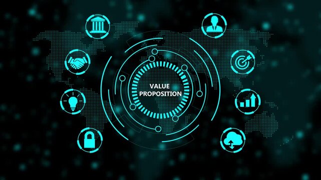 Value proposition digital interface concept featuring glowing cyan on a dark background representing global business strategy marketing growth