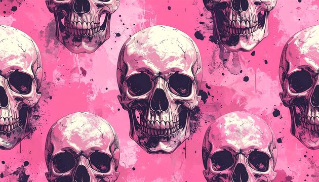 A vibrant pattern showcases repeating, stylized skulls against a bright pink, splattered background