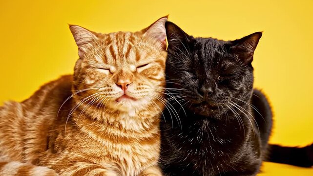 This features a tender moment between two cats, one orange and one black, as they snuggle up together on a bright yellow background, showcasing their affectionate and playful personalities.