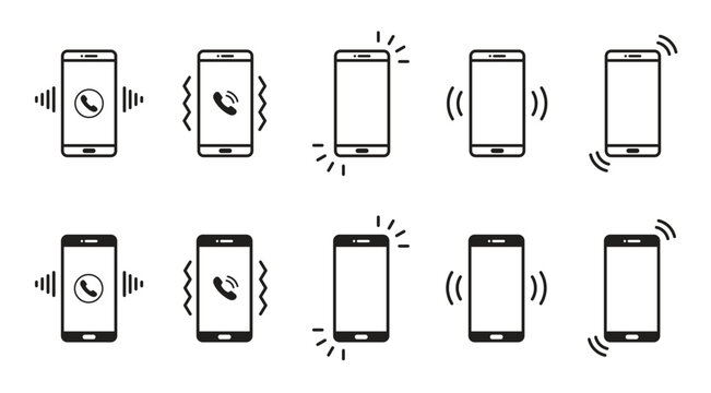 Collection of ringing and vibrating smartphone icons in two rows