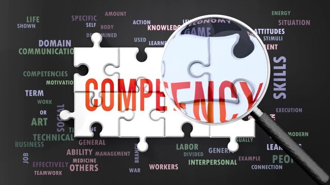 Competency under magnifying glass, being researched, studied and examined. Most important subjects and ideas closely related to competency written around a puzzle.Can be looped.