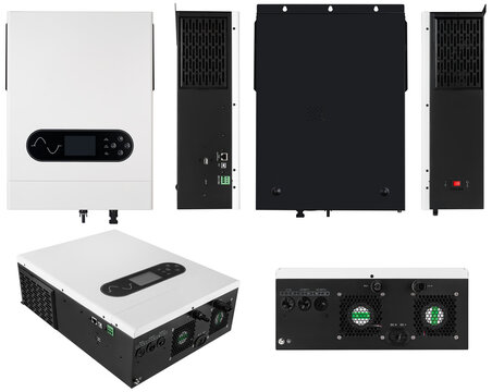 Home inverter for solar panels and backup power supply, on a white background with a border