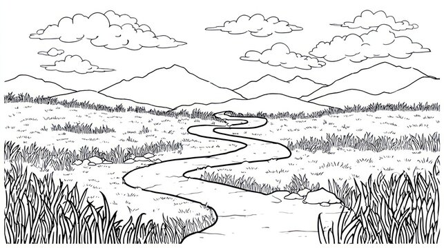 Winding river flows through grassy valley towards distant mountains under clouds.