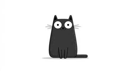 Obraz premium Whimsical black cat with big round eyes sits on a white background.
