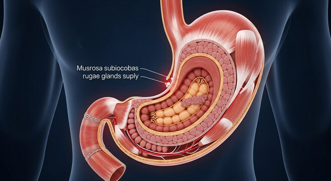Detailed anatomical illustration of the human stomach showing its internal layers and structures like mucosa, submucosa, and rugae.