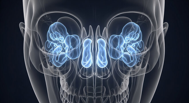 3D rendering of human skull showing paranasal sinuses highlighted in blue, illustrating facial anatomy and respiratory system components.