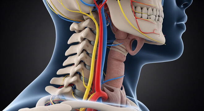 Detailed anatomical illustration of the human neck and head, showcasing skeletal, nervous, and circulatory systems in profile view.