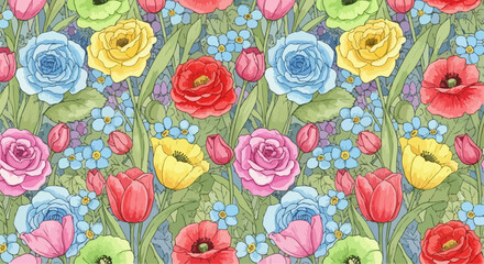 Naklejka premium Playful botanical pattern filled with bright blossoms and leafy elements