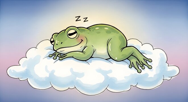 Cute Frog Sleeping Peacefully on a Fluffy Cloud.