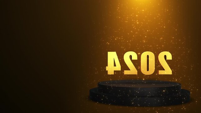 Happy new year 2024 Text on 3d podium platform with Volumetric Light