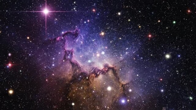 Cinematic motion slow motion of luminous nebula clouds drifting through deep space with sparkling stars and cosmic dust
