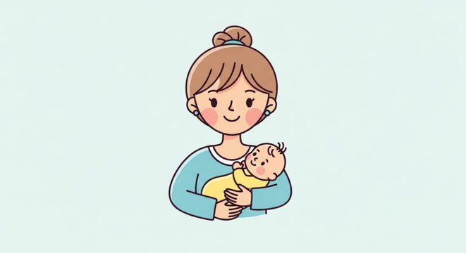 Mother holding newborn baby close smiling loving embrace tender moment family bonding infant care parenthood warmth affectionate nurturing soft colors minimalistic illustration