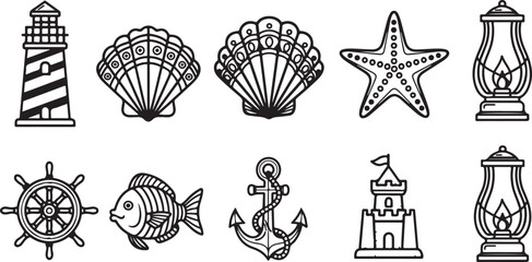 Various symbols and icons including architecture, space and maritime themes Vector © mahafuza