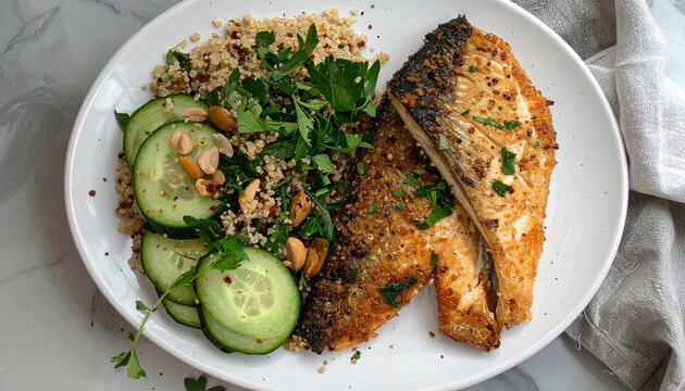 Fried fish fillets served with quinoa salad and cucumber slices on a white dish