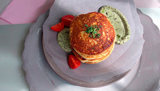 Crispy savory pastry stack with cherry tomatoes and herbs served with green pesto sauce on grey plate