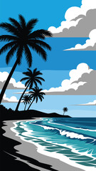 Fototapeta premium A vibrant tropical beach scene with palm trees waves and a clear blue sky